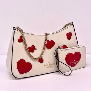 Kate Spade White and Red Heart Shoulder Crossbody Bag and wallet Set